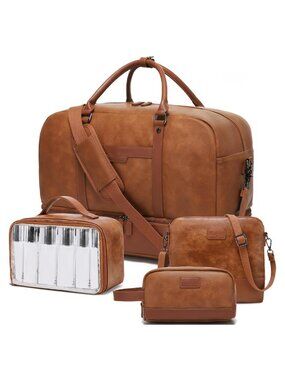 Light Brown Faux Leather Weekender Travel Duffel Bag 4 Piece Set